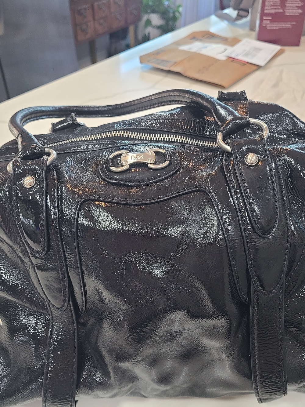 Michael Kors Black Patent Leather Satchel with Silver Hardware